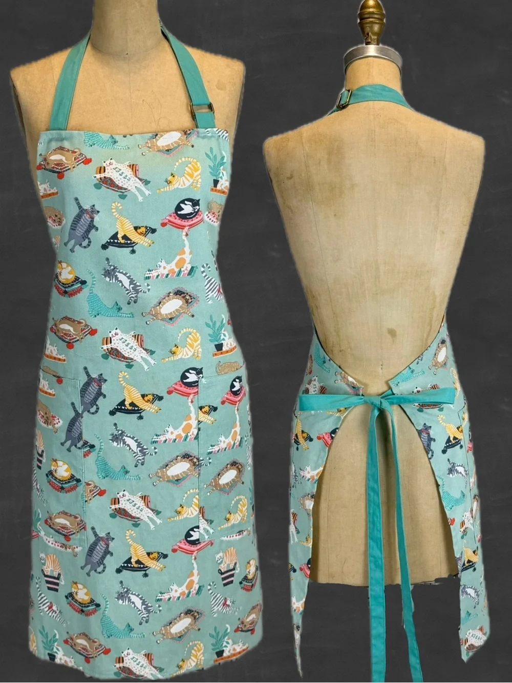 Lazy cats kitchen full apron pet lover kittens baking chore craft smock teal